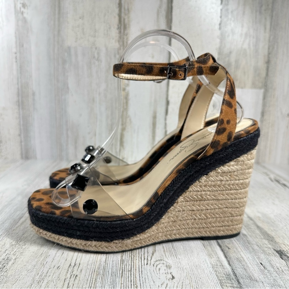 Jessica Simpson Black and Tan Wedge Sandals with Clear Strap